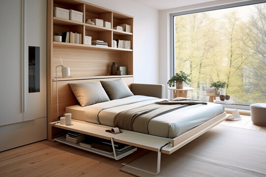 Craft a minimalist studio apartment with smart space-saving solutions, such as a Murphy bed and convertible furniture, demonstrating how simplicity and functionality can coexist in Generative AI
