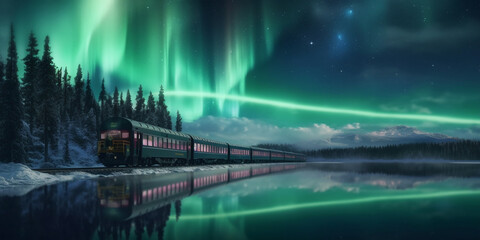 Polar Express Journey Through Snowy Landscape With Green Glowing Northern Lights in Night Sky - AI generated