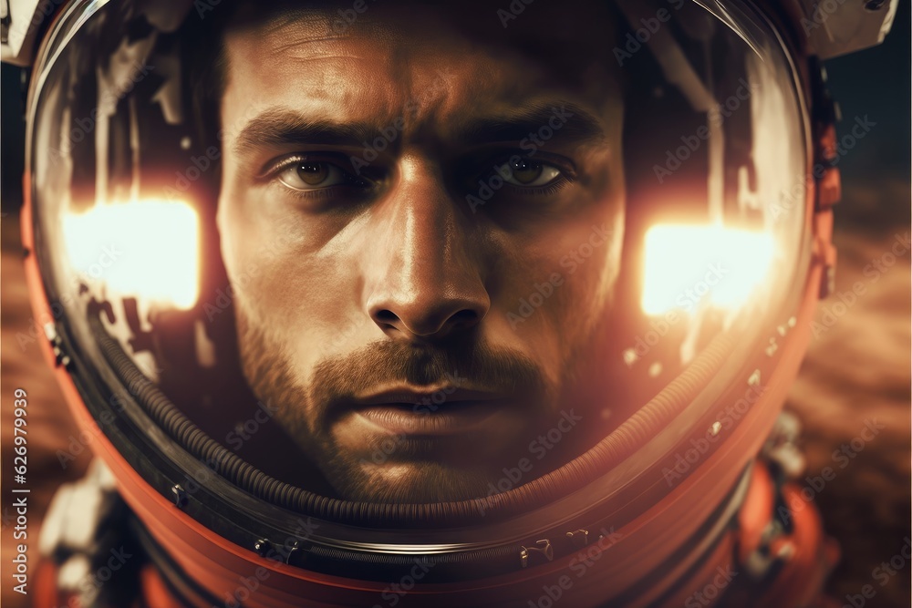 Wall mural closeup portrait of futuristic astronaut futuristic on mars background. created by the top of helmet