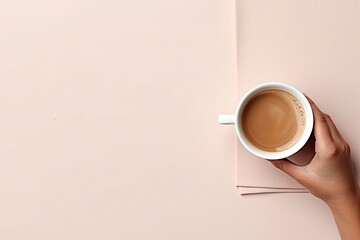 top view of hand holding coffee cup On a pastel pink paper background