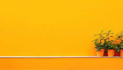Colorful Minimalism Bright orange wall background with potted plants on the side.