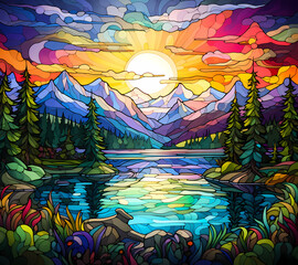 a stained glass fantasy scene of a Pristine alpine lake, vivid colours