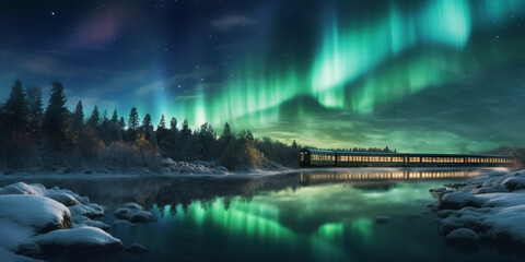 Polar Express Journey Through Snowy Landscape With Green Glowing Northern Lights in Night Sky - AI generated