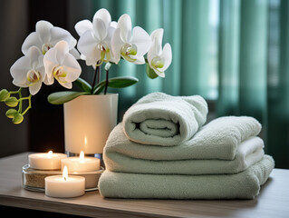 Fototapeta na wymiar Zen Spa Atmosphere: Towels, Candles, and White Flowers Arrangement. AI GENERATIVE