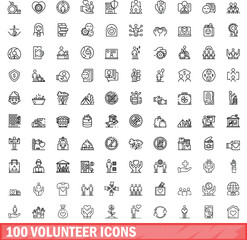 100 volunteer icons set. Outline illustration of 100 volunteer icons vector set isolated on white background