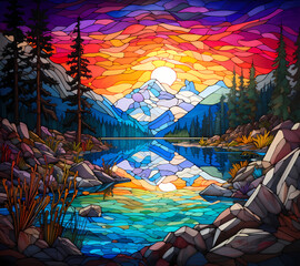 Fototapeta na wymiar a stained glass fantasy scene of a Pristine alpine lake, vivid colours
