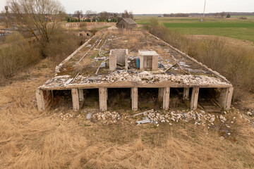 Drone photography of old abandoned and ruined rural building