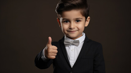 Little boy holding his thumb up against a dark background.