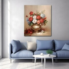 a painting of flowers in a vase in front of a blue couch