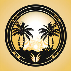 a circular logo with palm trees and sun
