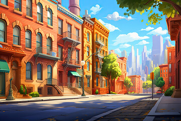 Fototapeta premium street of brooklyn in cartoon style illustration, ai generative