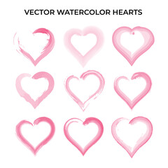 Grunge Heart Shapes Set Red Color Vector. Brush Stroke Style