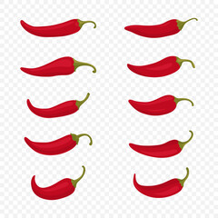 Flat Vector Red Whole Fresh and Hot Chili Pepper Icon Set Closeup Isolated. Spicy Chili Hot or Bell Pepper Collection, Design Templates. Front View. Vector Illustration - obrazy, fototapety, plakaty