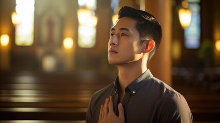Fototapeta premium Young man praying in a church.