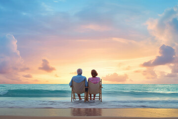 An elderly couple on the beach during sunset