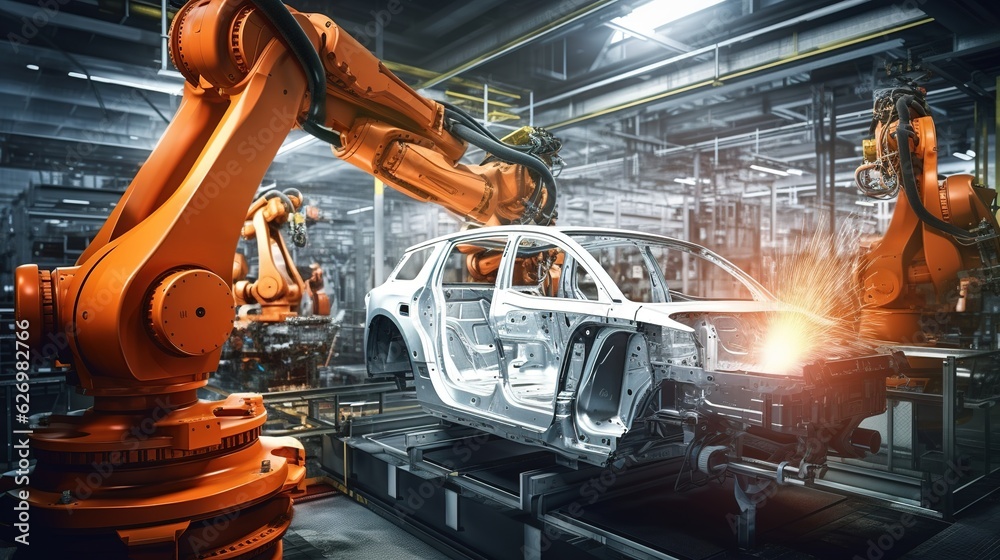 Poster robot working in a factory of a car with generative ai