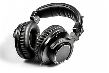 Fototapeta na wymiar Black leather headphones isolated on white background