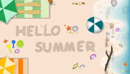 Hello summer with recreation banner background on sandy beach from the high angle view