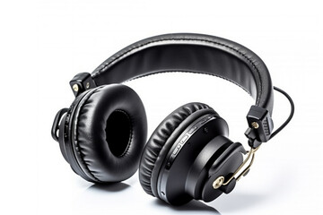 Fototapeta na wymiar Black leather headphones isolated on white background