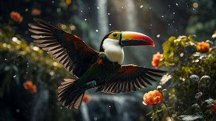 Toucans flying on a tropical rainforest Generative AI