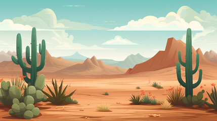 An illustration of a dry desert with only a few types of plants such as cactus. Hot and dry weather. There is an off-road route.
