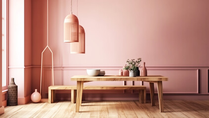 Fototapeta na wymiar Room in shades of pink with minimalist decor. AI generated