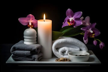 a candle and towels on a tray