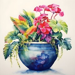 a watercolor painting of flowers in a blue pot