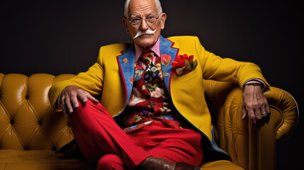 Brightly dressed stylish elderly man on dark background.