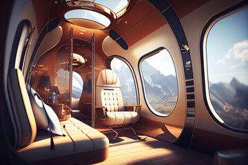 Leather interior of luxury private helicopter cabin. Abstract illustration generated by artificial intelligence.