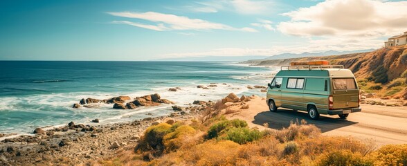a camper van on a dirt road next to a rocky cliff and ocean, - obrazy, fototapety, plakaty