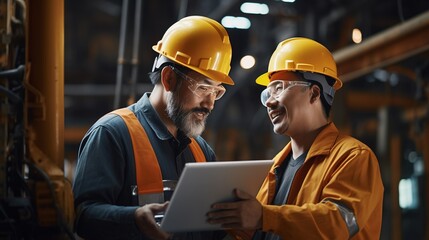 Two industry engineers in hard hats standing at steel metal manufacturing factory checking production process on tablet talking and discuss for work with generative ai