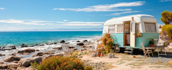 Fototapeta premium a caravan next to the ocean in a sunny summer day