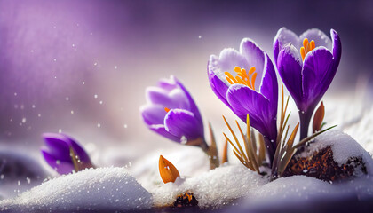 Purple crocus flowers grow in the snow. Spring concept. Wall decoration.