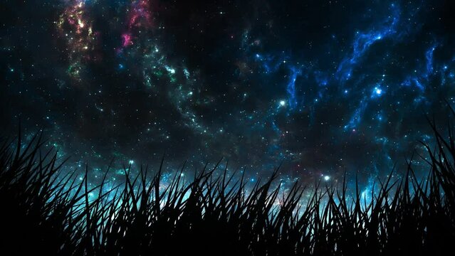 Magical Starry Sky by Night - View from a Grass Field - Loop Nature Landscape Background V2