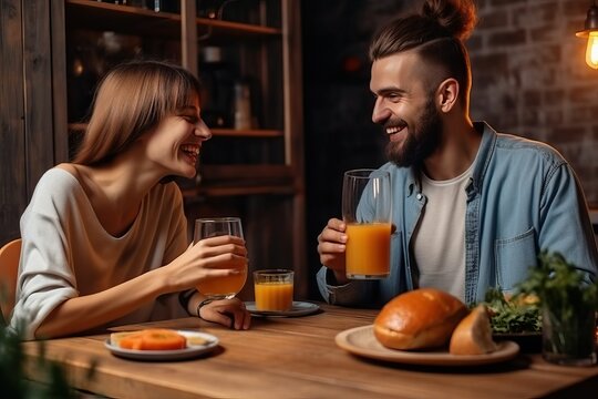 Smiling couple enjoying dinner meal and drink orange juice