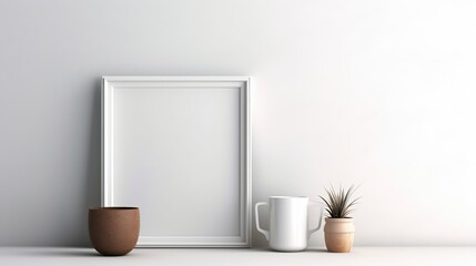 Obraz na płótnie Canvas Desk mockup of an empty frames on the wall above the desktop. Copy space. Generative AI 