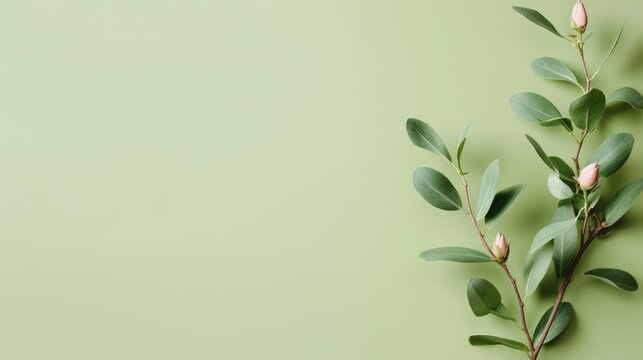 Fesh sprig of green ruskus with green leaves on a green color background with copy space. Generative AI	