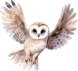 Fotobehang Uiltjes Flying owl watercolour illustration created with Generative AI technology