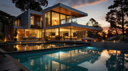 Fototapeta na wymiar modern home at dusk with reflecting swimming pool