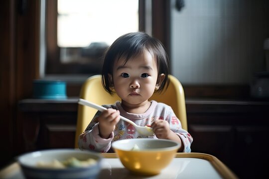 Cute adorable asian kid girl eat with spoon by herself