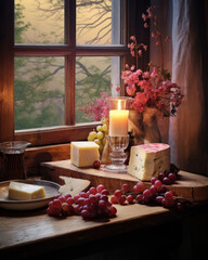 Photorealistic image of an evening room in a village house with appetizing cheese on the table