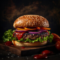 vegan hamburger on wooden board with cheese, onions, tomatos, ketchup and salad