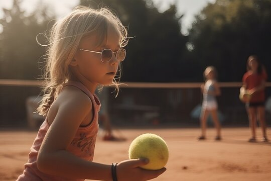 Girl with racket, kid play tennis - summer sport activity