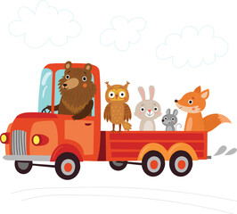 
Funny animals ride on a truck
