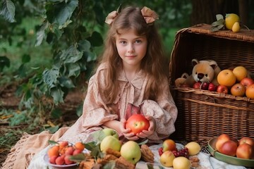 Fototapeta na wymiar Cute girl with basket of fruit, picnic at park