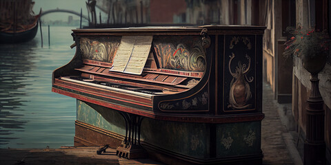 Musical concept in Italy, abstract illustration. Piano in Venice.