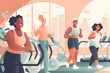 Fototapeta na wymiar Vector style image of a group of women exercising in the gym and discussing something.