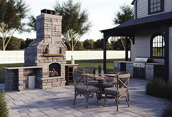 Villa backyard. Patio with chairs; table; and a fireplace and BBQ area for grill party.