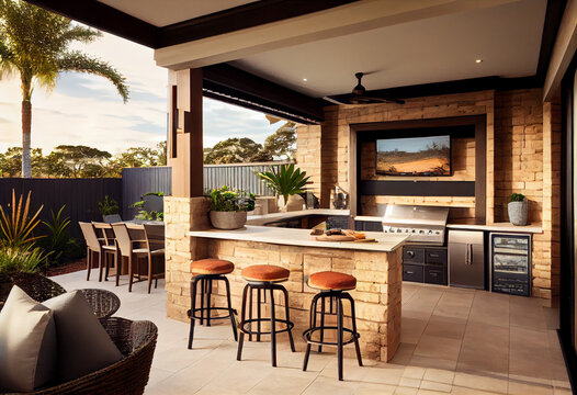 Villa backyard. Patio with chairs; table; and a fireplace and BBQ area for grill party.